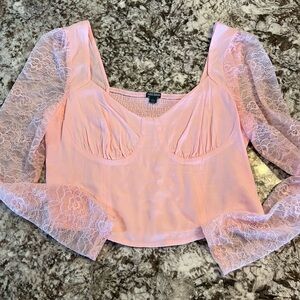 L Wild Fable Women's Large Long Sleeve Lace Cropped Blouse Pink Blouse Top